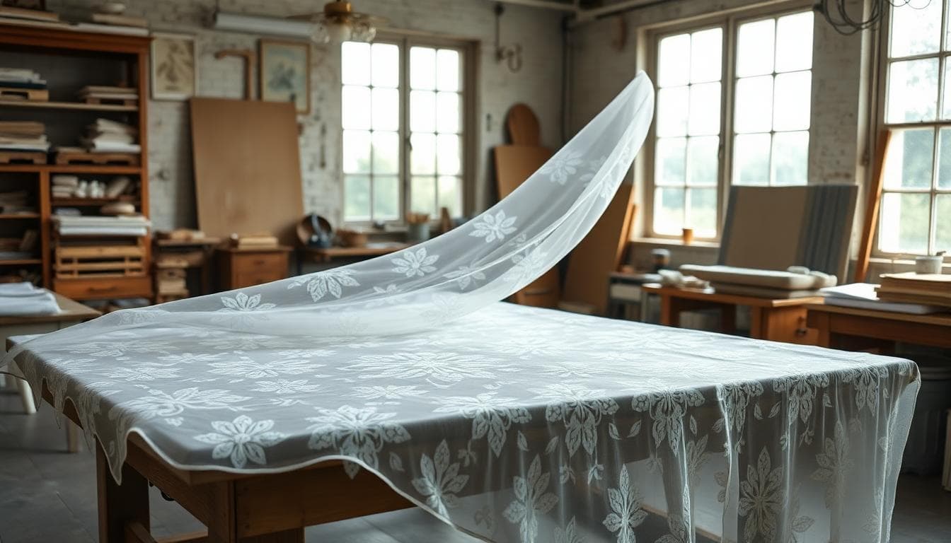 Voile de mariée de 5 mètres en tulle de soie brodé à la main de fleurs symboliques, étalé sur une table d’atelier