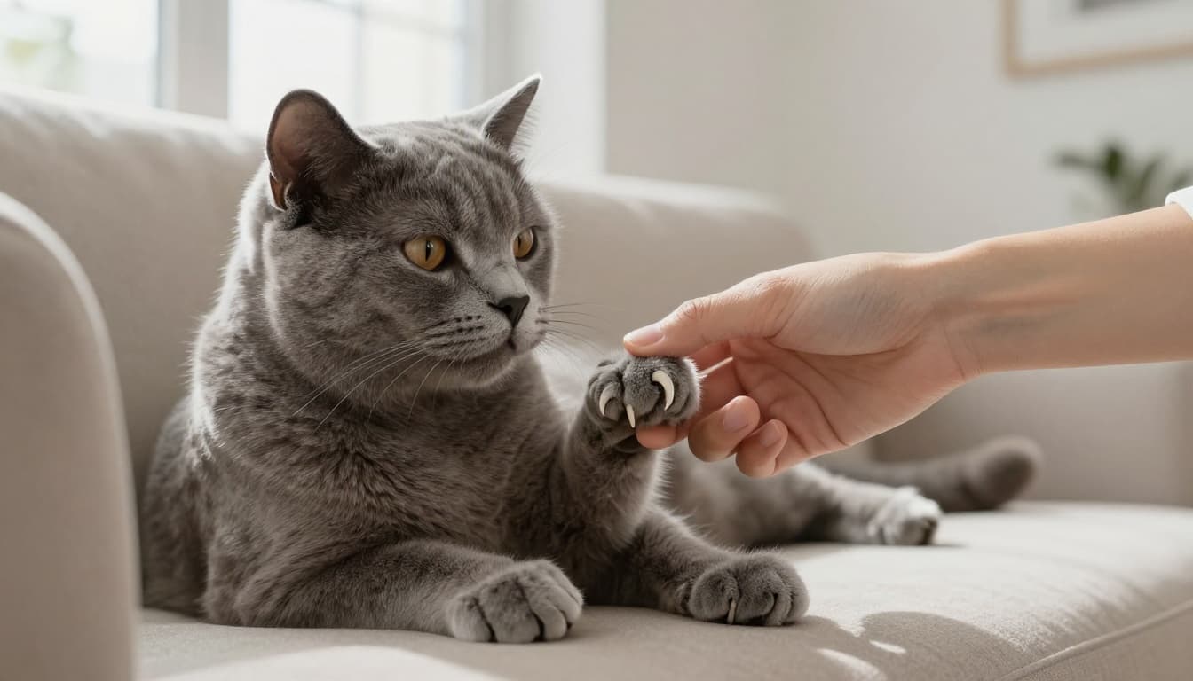 A person's hand gently holds a calm grey cat's front paw on their lap, softly pressing the paw pad to extend a sharp, curved claw in a bright Scandinavian living room with natural light and minimalist decor.