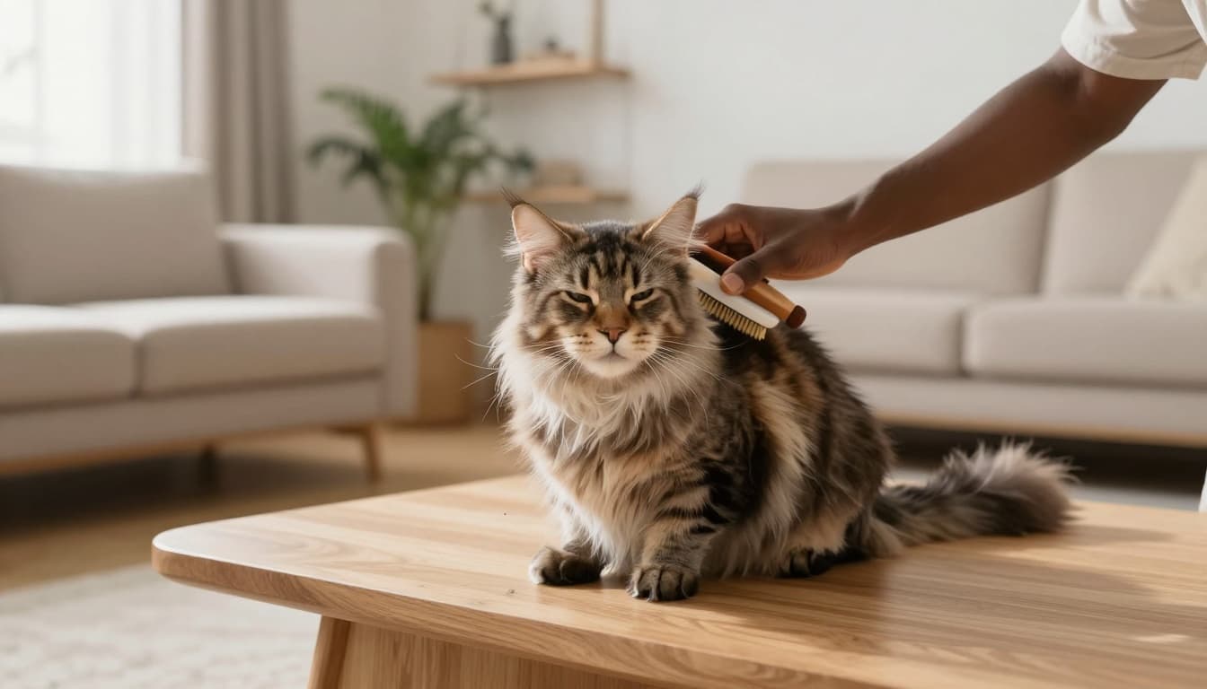 A person's hand gently brushes the silky fur of a relaxed adult Maine Coon cat on a wooden platform in a bright Scandinavian living room with natural light and minimalist decor.