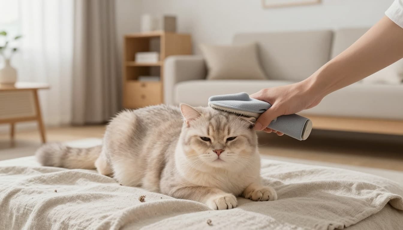 A caring hand gently brushes a fluffy light-colored domestic shorthair cat using a soft rubber grooming glove on a light beige linen blanket in a bright modern Scandinavian living room with natural light and minimalist decor. The relaxed cat with half-closed eyes lies content amid tufts of loose fur in a cozy, premium lifestyle photography style.