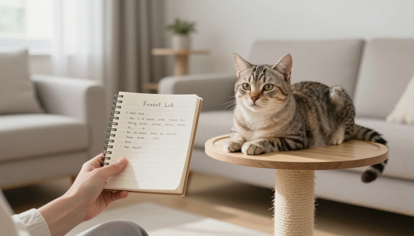 Owner's hand holds a notebook with notes on cat symptoms next to a relaxed domestic cat on an elegant wooden cat tree in a bright Scandinavian living room. Soft natural light, neutral tones, and minimalist decor create a warm, calm atmosphere symbolizing pet observation.