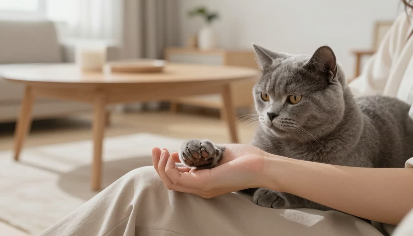 A person's hand gently holding a calm grey cat's paw on their lap in a cozy Scandinavian living room with bright natural light streaming in. Paw pads and retracted claws visible up close, soft focus on relaxed cat lounging nearby.