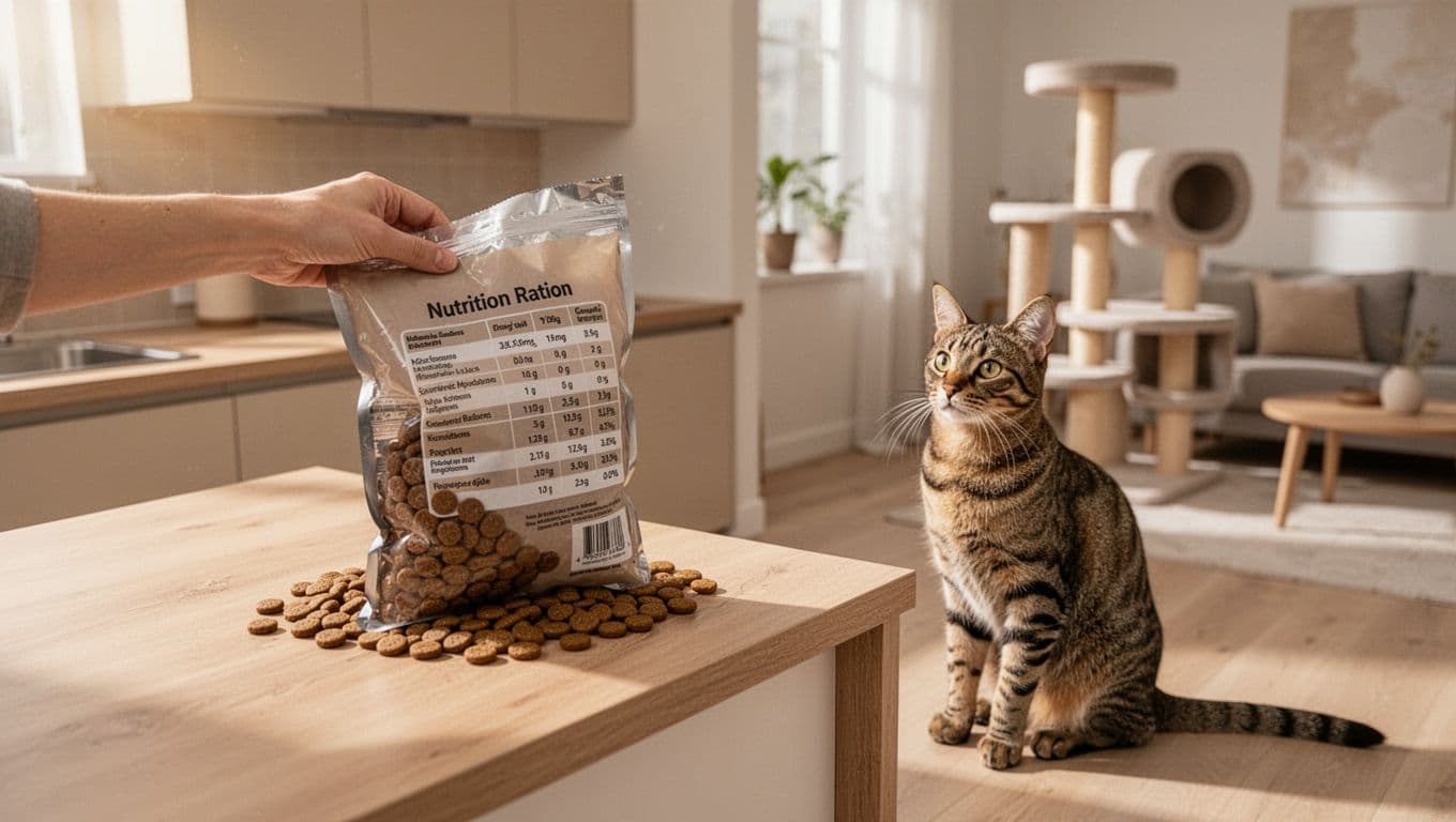 A single hand holds an open bag of dry cat kibble on a light wooden kitchen island in a bright minimalist Scandinavian kitchen bathed in soft morning light, while an elegant tabby cat sits nearby watching curiously.