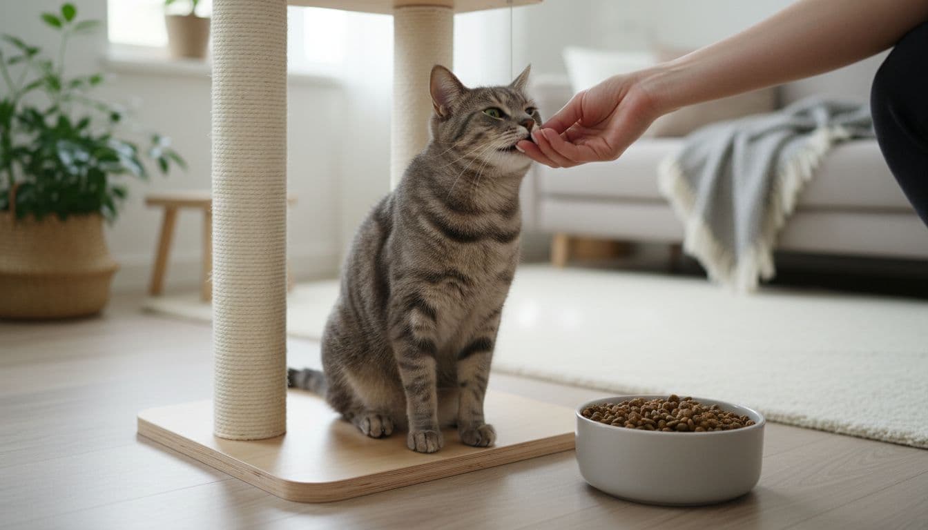 In a luminous minimalist Scandinavian living room with natural light and cozy light wood decor, a human hand gently lifts the lip of a calm adult gray tabby cat on a premium cat tree perch to inspect healthy pink gums, with a full bowl nearby.