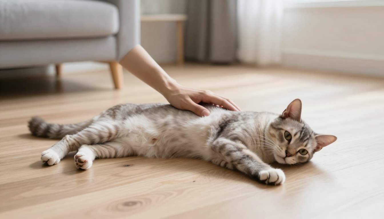 In a bright modern Scandinavian living room with natural light and minimalist decor, a gentle hand palpates the ribcage of a relaxed healthy-weight fluffy sterilized adult cat on a light wooden floor, viewed from above.