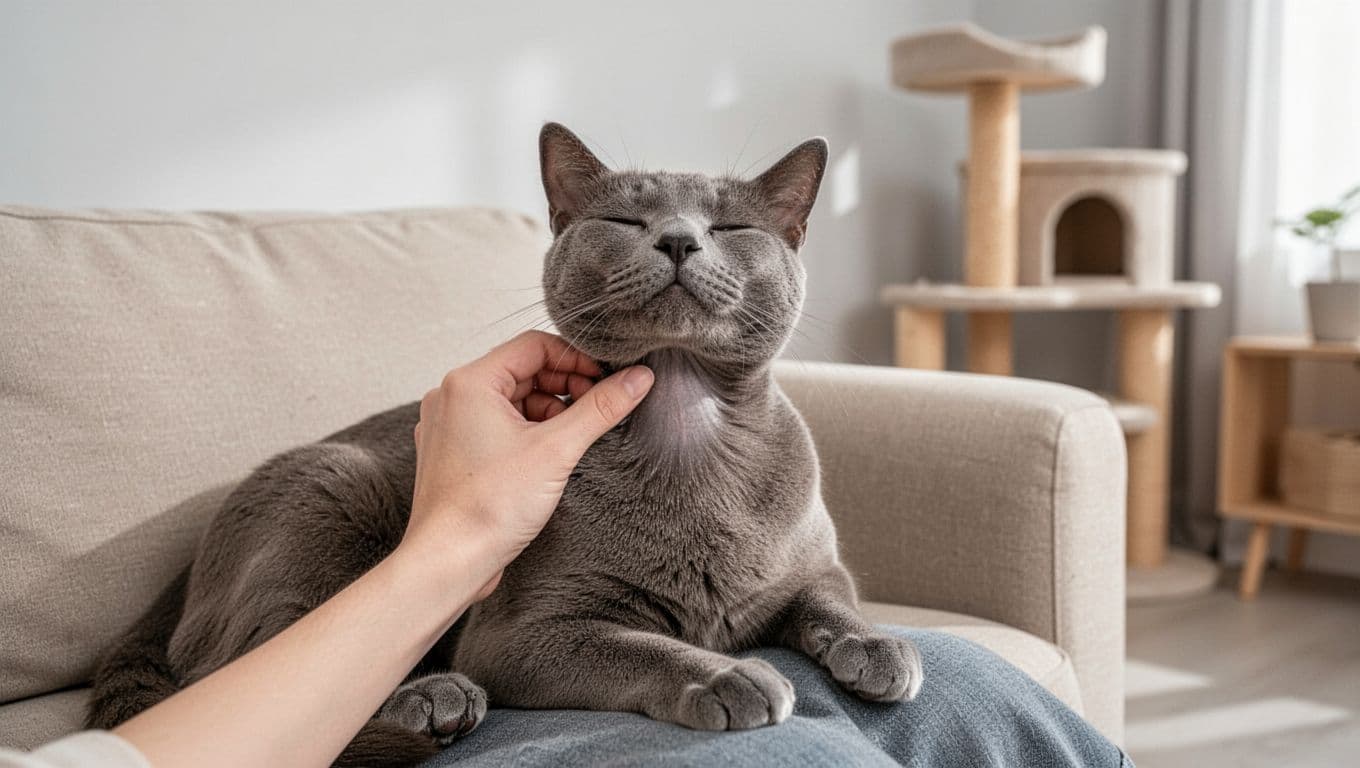A person's hand gently pinches and lifts the loose skin on the neck of a single calm adult cat with smooth fur, held relaxed in a lap on a beige sofa in a bright minimalist Scandinavian living room. Premium realistic photography with soft depth of field focusing on the hand and skin test, natural light, cozy neutral tones, and wooden cat tree in background.