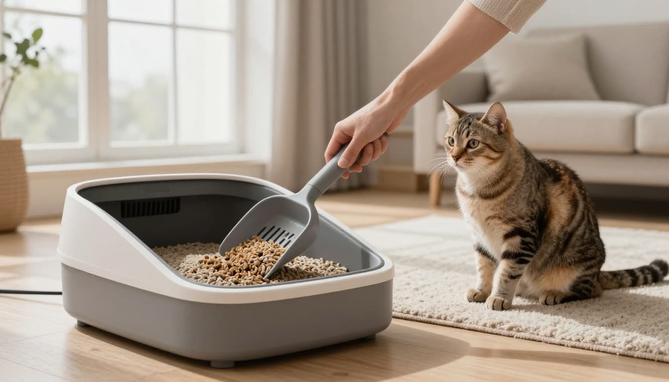 In a bright Scandinavian living room with minimalist decor, a person's hand uses a sleek litter scoop to cleanly remove solid cat waste from a modern open litter box on a light wooden floor, while an elegant cat observes curiously from a nearby beige rug.