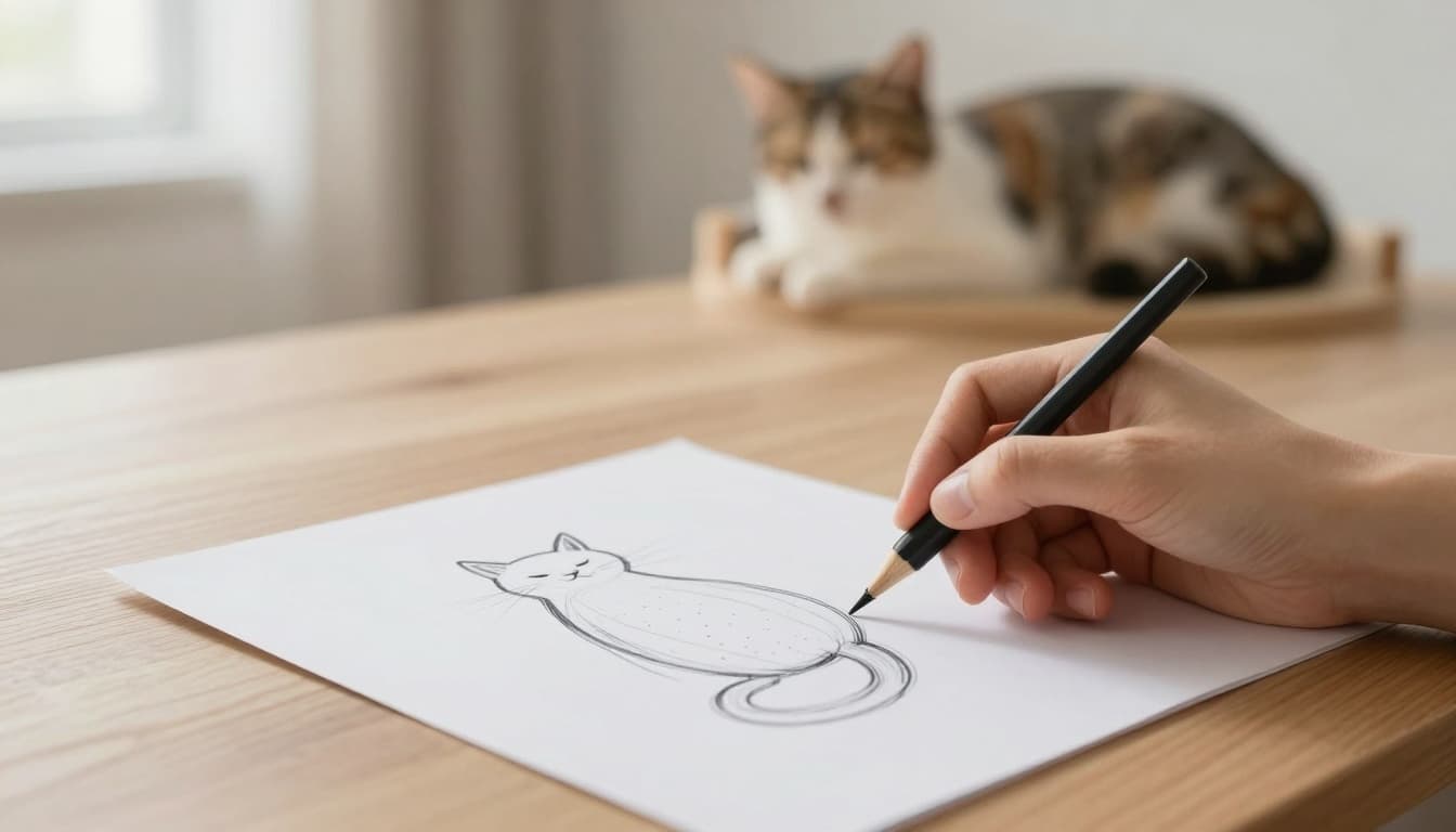 In a bright minimalist Scandinavian interior with soft natural light, a hand holds an HB pencil sketching a large oval cat body and curly tail on white paper on a wooden desk, blurred background with sleeping cat on Meowood tree.