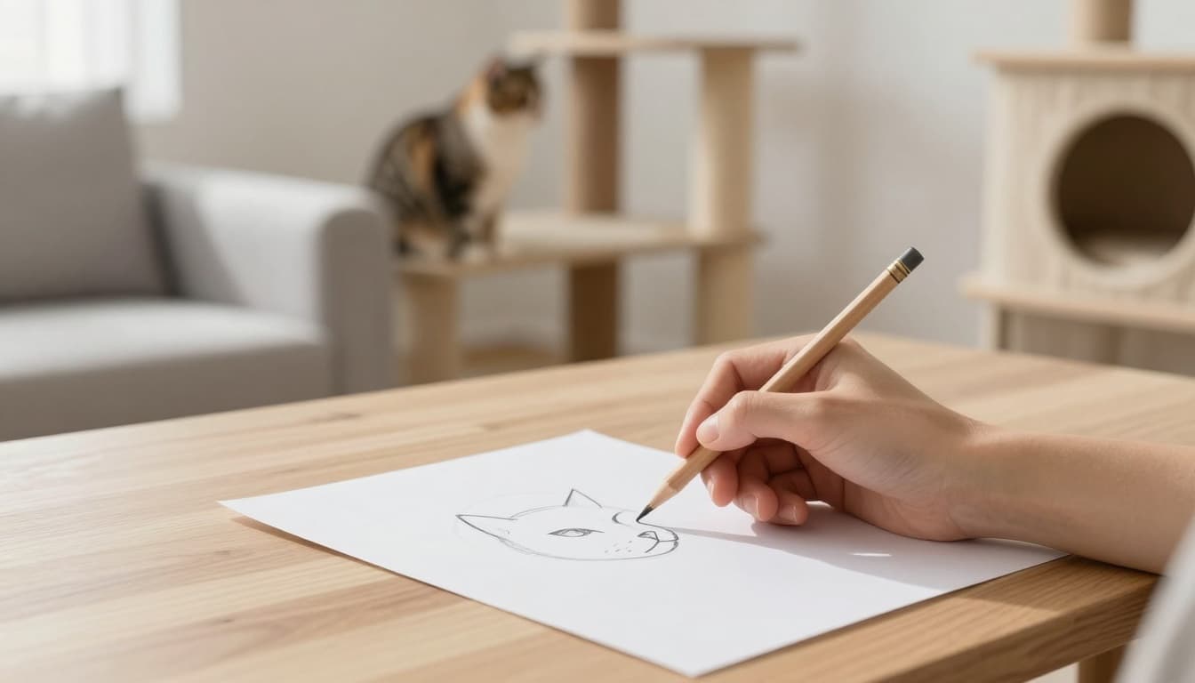 In a bright minimalist Scandinavian living room with neutral tones, a hand holds an HB pencil sketching a simple cat profile silhouette on white paper. The blurred background reveals a real cat on an elegant cat tree, evoking a cozy premium lifestyle atmosphere with natural light and shallow depth of field.