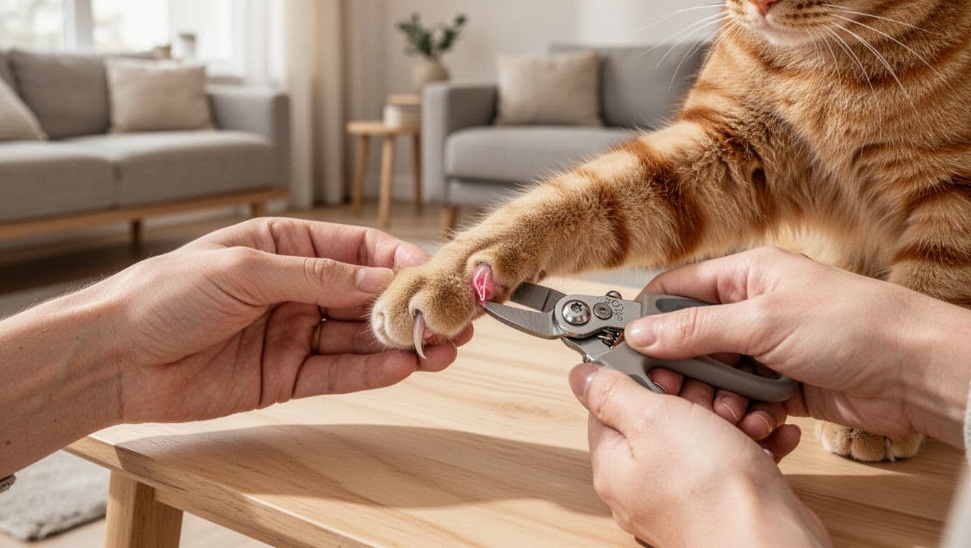 In a bright, minimalist Scandinavian living room with light wood and neutral tones, a relaxed hand gently holds a ginger cat's front paw while precisely clipping the tip of one claw with a trimmer, focusing on the translucent claw tip and safe cut with no blood.