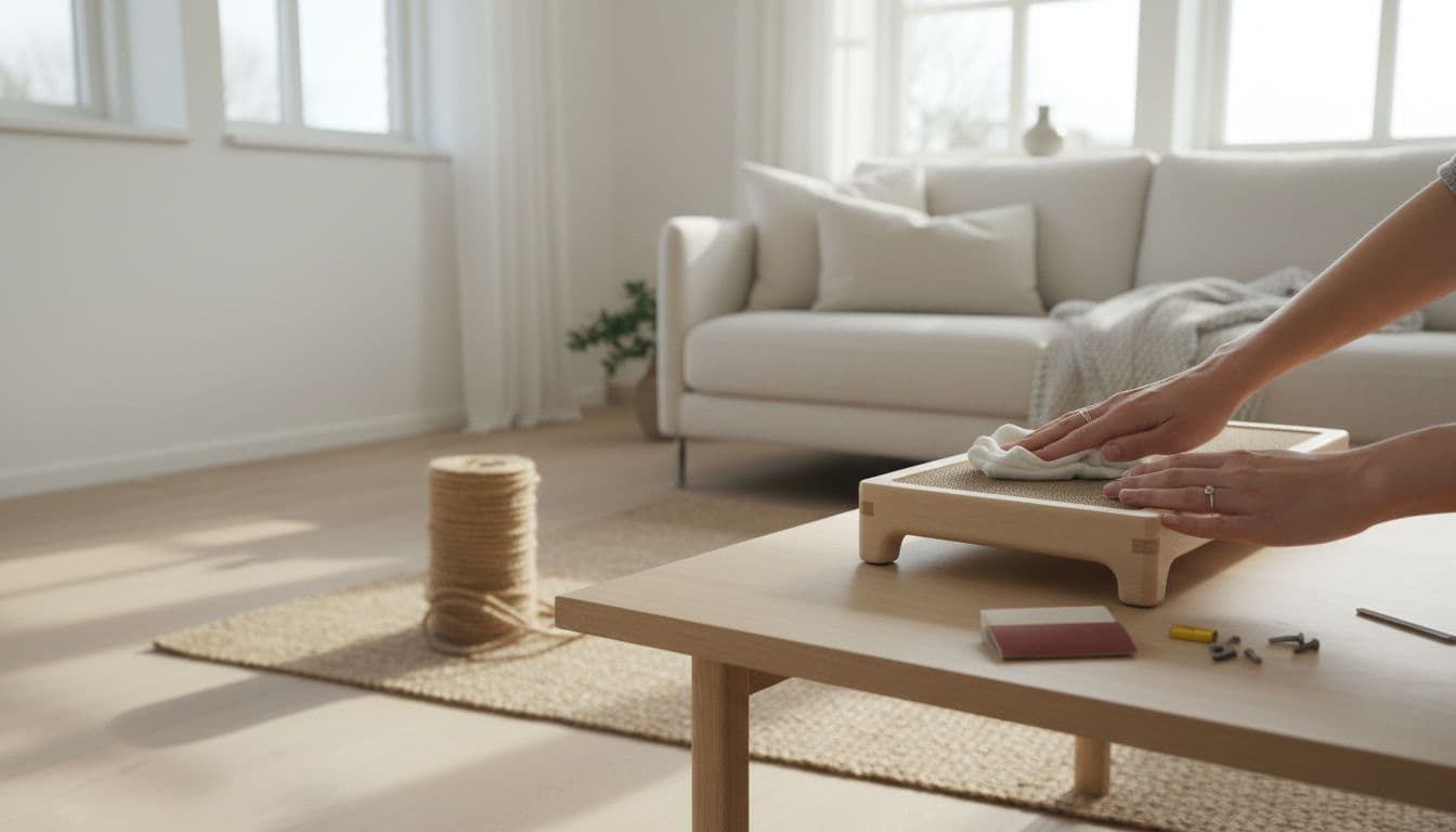Bright minimalist Scandinavian interior featuring a wooden cat scratching post on a table. Hands wiping it clean with a cloth, checking screws and stability, with tools and fresh sisal rope nearby.