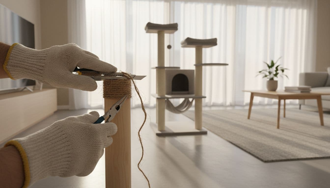 In a bright Scandinavian living room, gloved hands use pliers and a utility knife to carefully remove frayed sisal rope from a wooden cat scratching post, revealing clean wood.