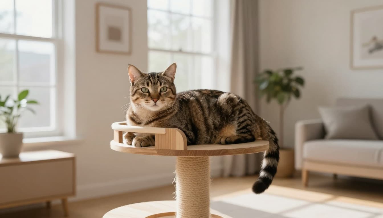 A handsome male tabby cat rests calmly on a stylish wooden cat tree in a bright Scandinavian living room. Natural light streams through large windows, highlighting the cat's relaxed pose amid minimalist decor.
