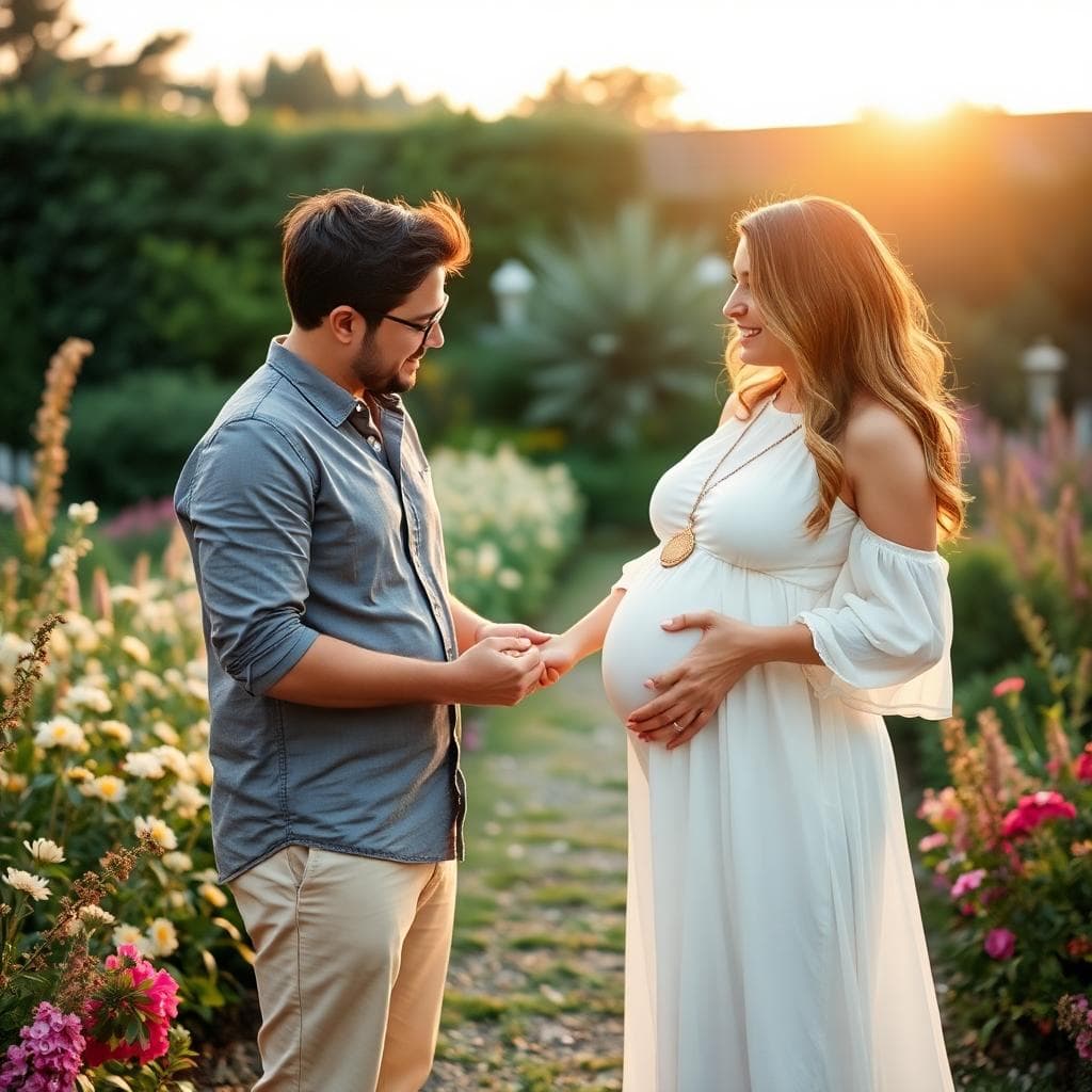 Couple bohème dans un jardin fleuri au lever du soleil, main posée sur le ventre, symbole de projet bébé, ambiance douce et lumineuse
