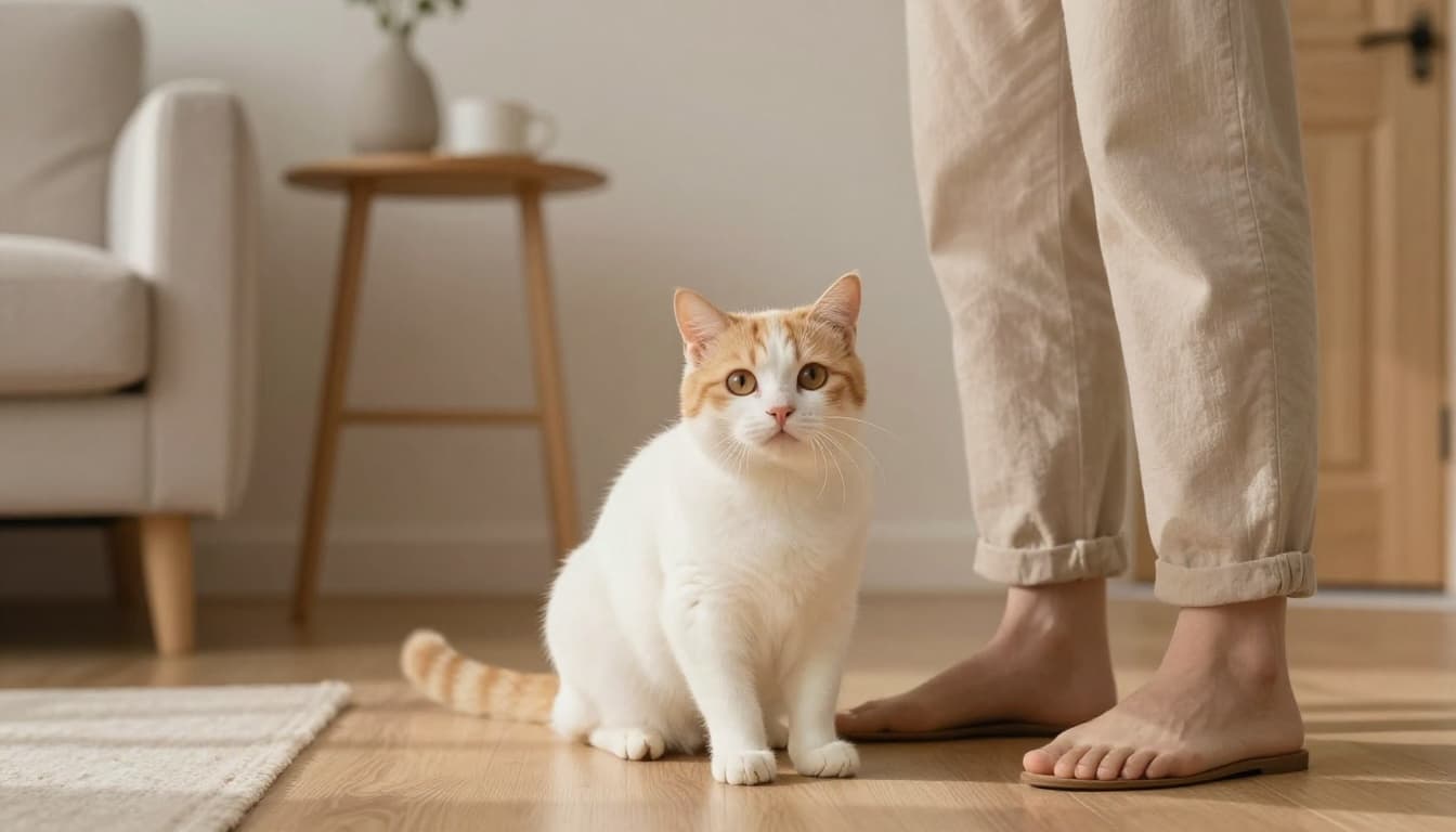 A joyful cat greets its owner at the door in a bright Scandinavian living room with beige tones, light wood, minimalist decor, and soft natural light. The cat rubs against the person's legs with tail raised, ears forward, and a friendly expression in a premium, realistic lifestyle photo with warm, cozy ambiance.