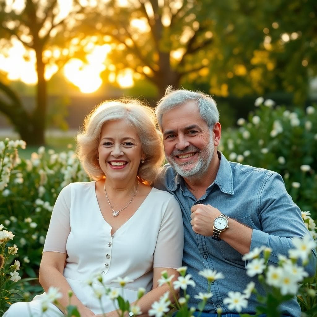 Couple âgé dans un jardin bohème, collier de diamant discret et montre élégante, ambiance douce au coucher du soleil