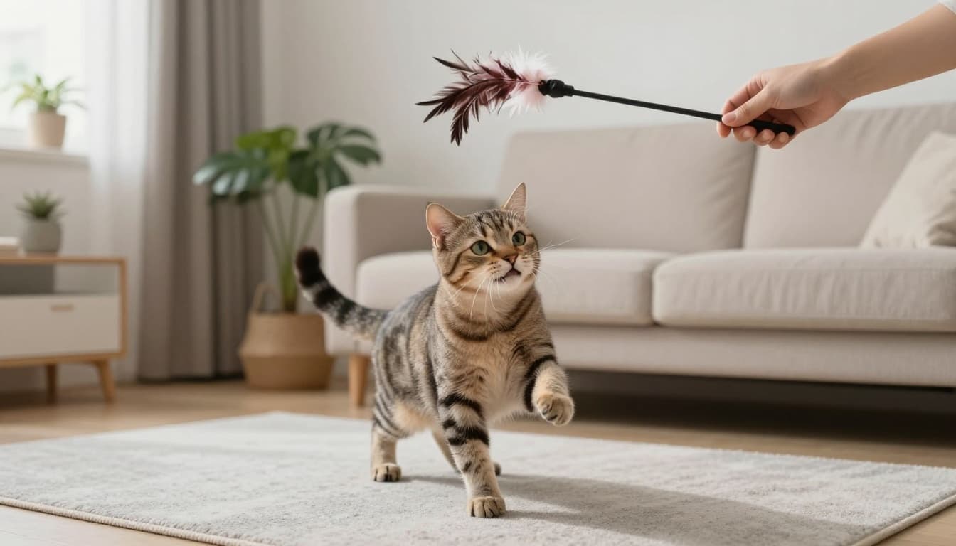 A joyful tabby cat energetically plays with a feather toy wand held by an invisible hand in a bright, minimalist Scandinavian living room filled with soft natural light.