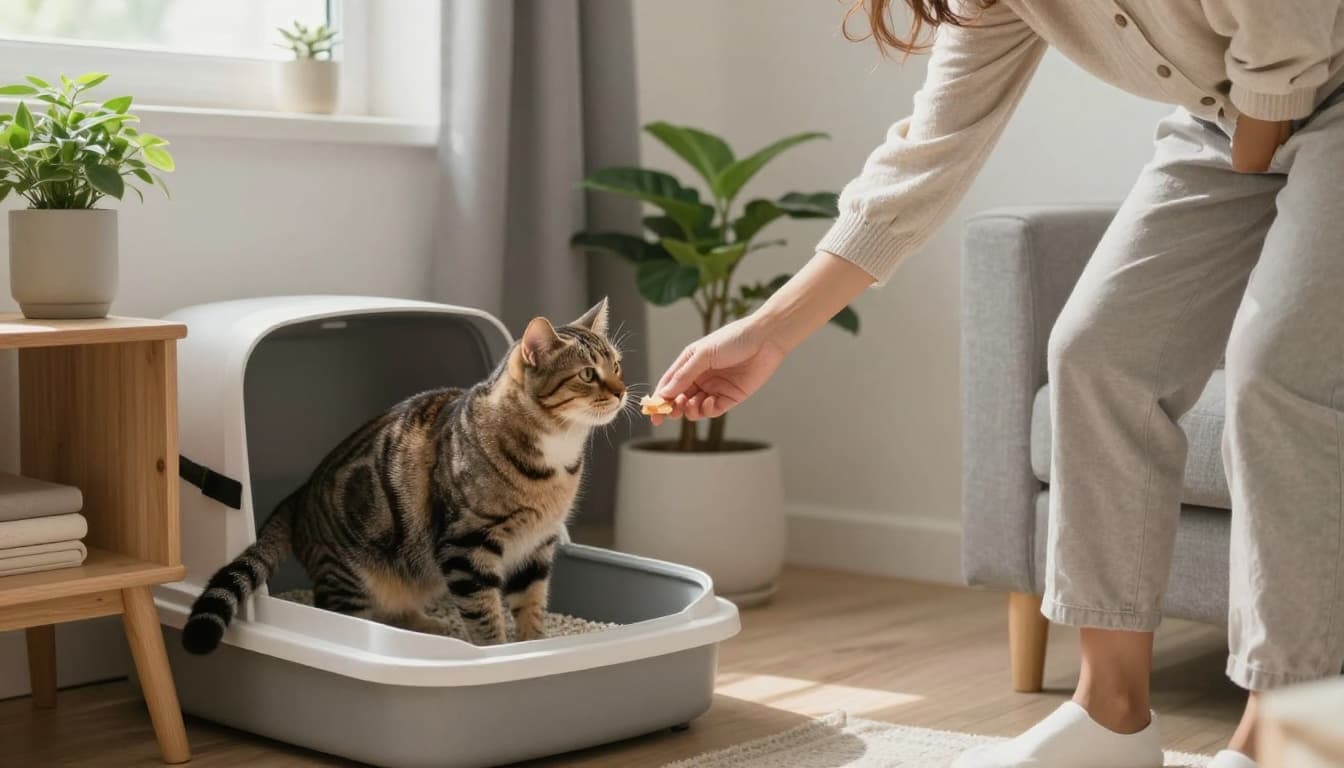 In a bright Scandinavian living room with natural light and minimalist decor, a person gently offers a treat to a content tabby cat that just used a clean open litter box correctly.
