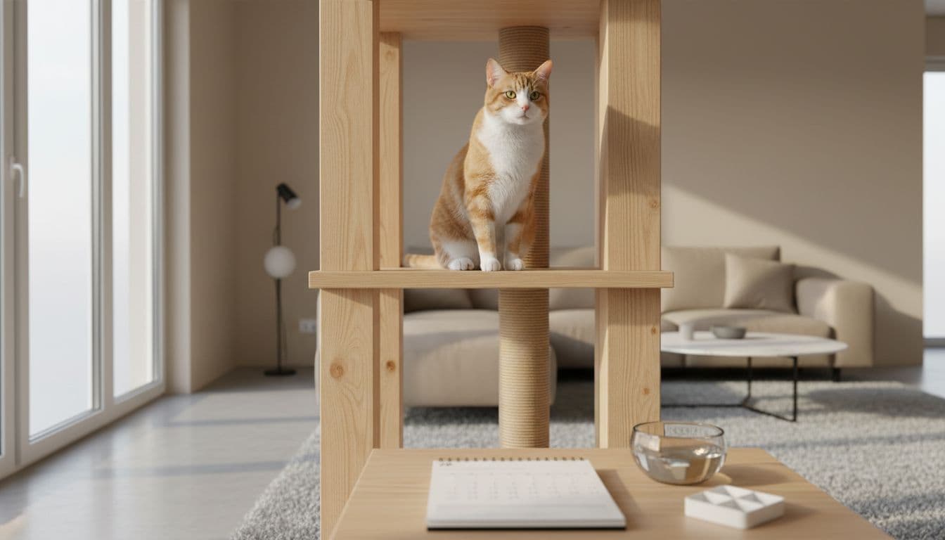 A healthy adult domestic cat sits calmly on a cat tree perch in a bright Scandinavian living room, with a veterinary health calendar, water bowl, and pill organizer on a nearby table, emphasizing routine pet care and well-being.