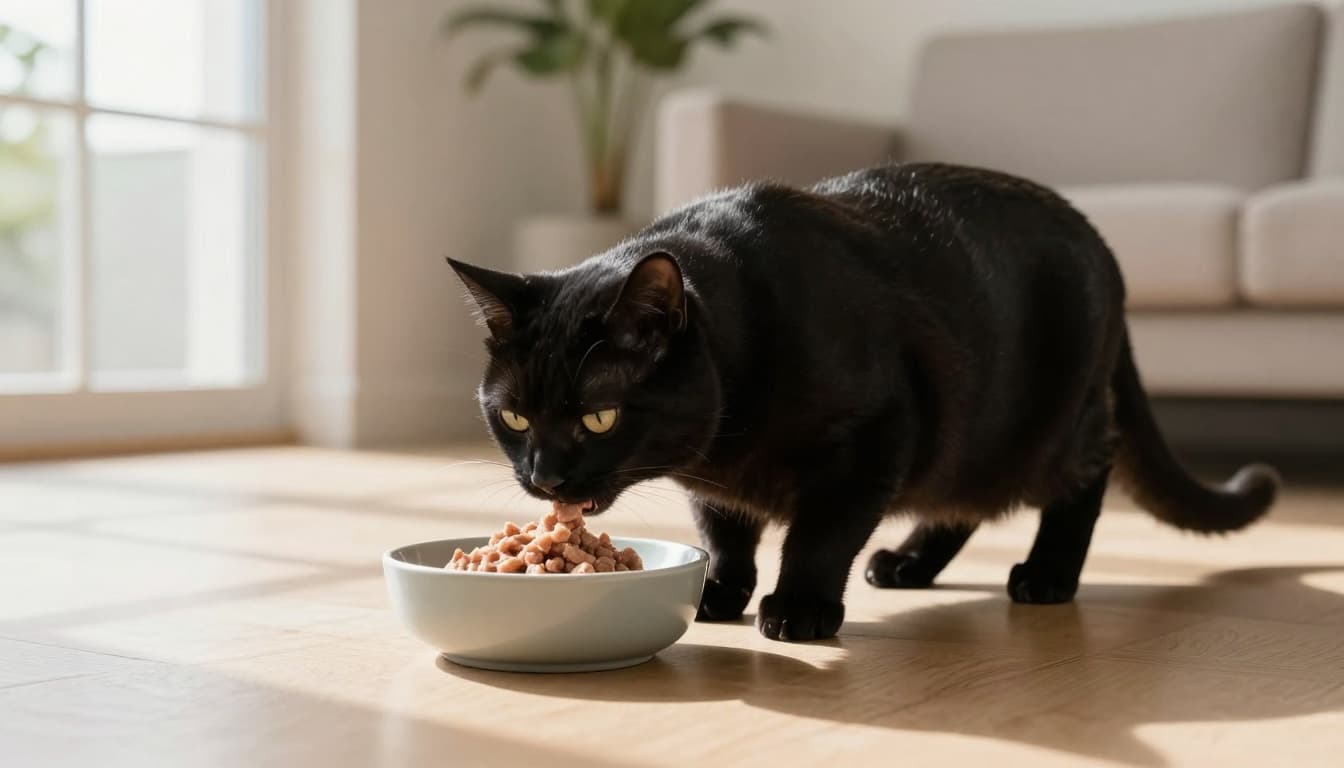 A sleek adult cat with healthy weight eats wet pâté from a modern ceramic bowl on light wooden floor in bright Scandinavian living room with natural sunlight and minimalist decor.