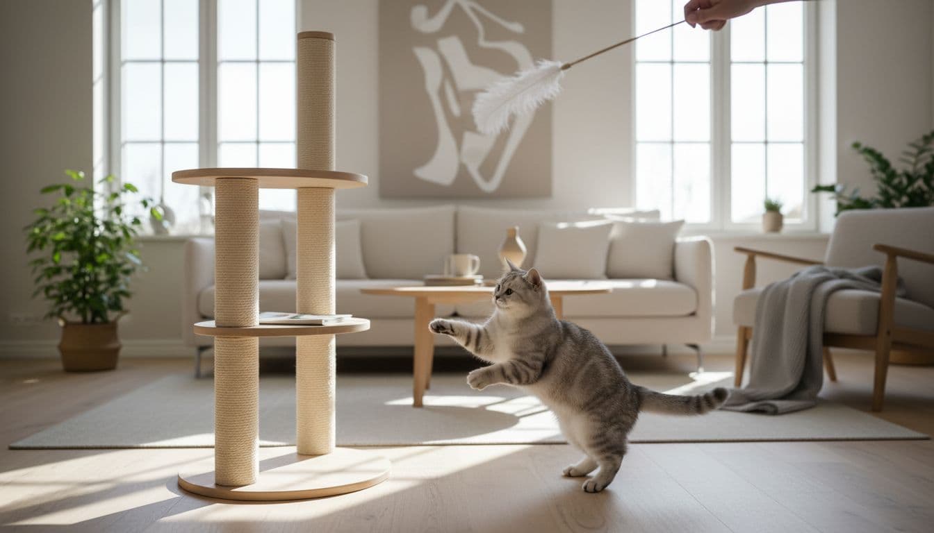 A healthy domestic cat of ideal weight joyfully plays with a feather on a light wood cat tree in a minimalist Scandinavian living room with abundant natural light and neutral tones.