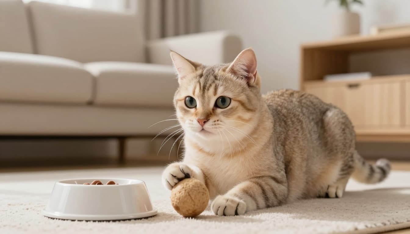 Close-up of a healthy, energetic cat playing with a toy in a sunny minimalist living room featuring beige and light wood decor. The cat has bright eyes, smooth fur, and a nearby food bowl implying good appetite in this cozy, reassuring scene.