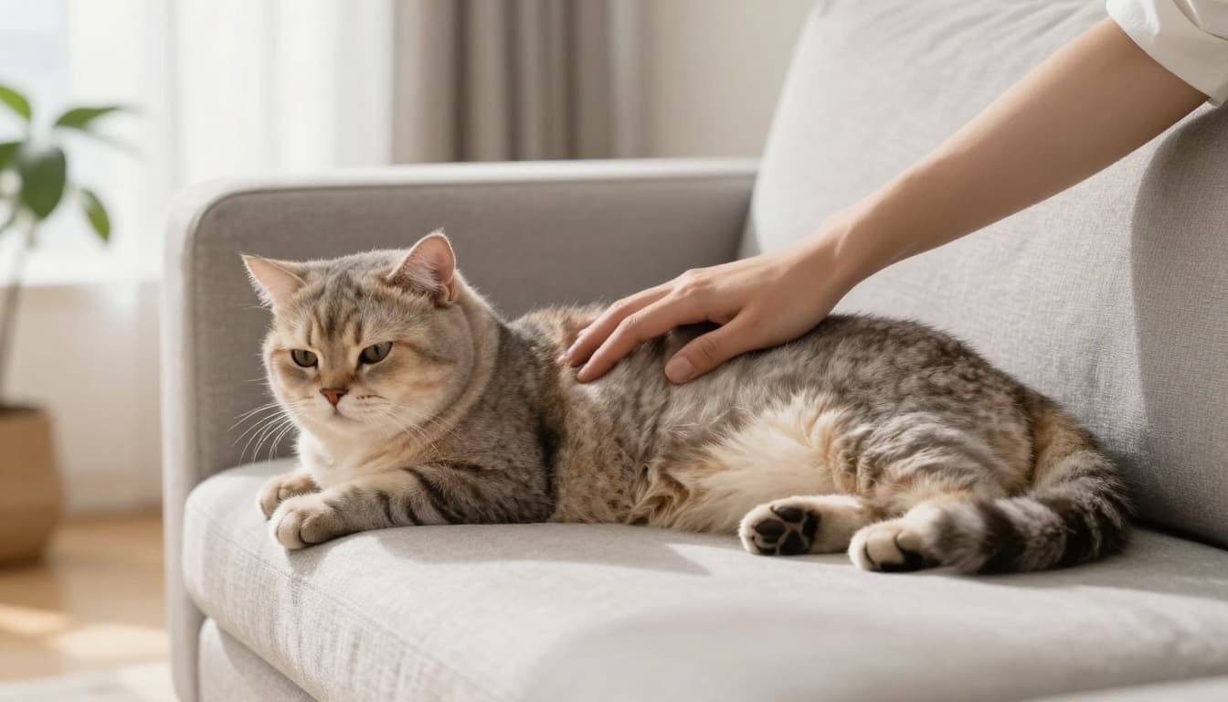 An adult cat rests calmly on a light grey sofa in a bright Scandinavian living room as a human hand gently palpates its side to feel the ribs under a thin layer of fat, showing healthy body condition with visible waist.