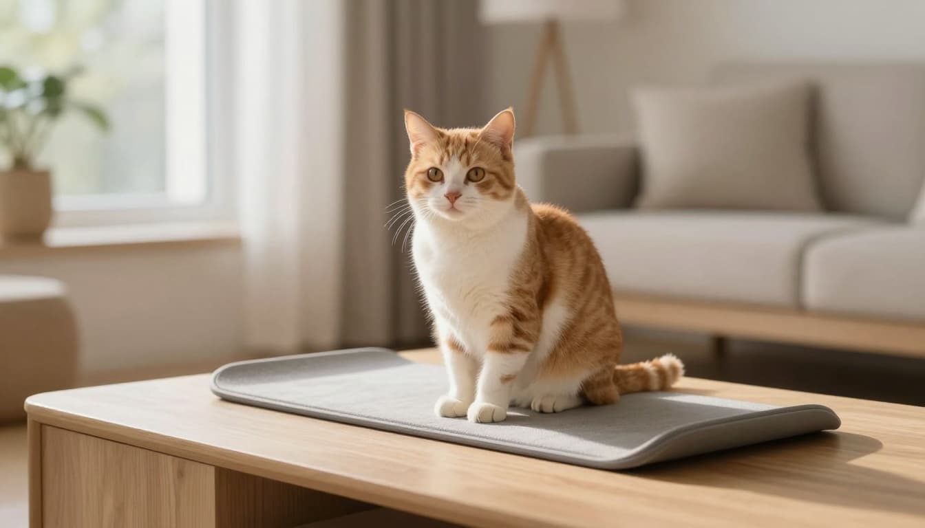 A relaxed, healthy adult cat sits calmly near a discreet modern litter box in a bright Scandinavian living room with minimalist decor, light wood furniture, beige and gray tones, and abundant natural light.