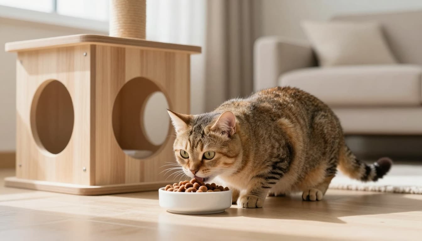 A healthy, energetic domestic cat with shiny fur, flat belly, and bright eyes eagerly eats from a food bowl next to a premium wooden cat tree in a bright, minimalist Scandinavian living room with natural light and cozy neutral decor.