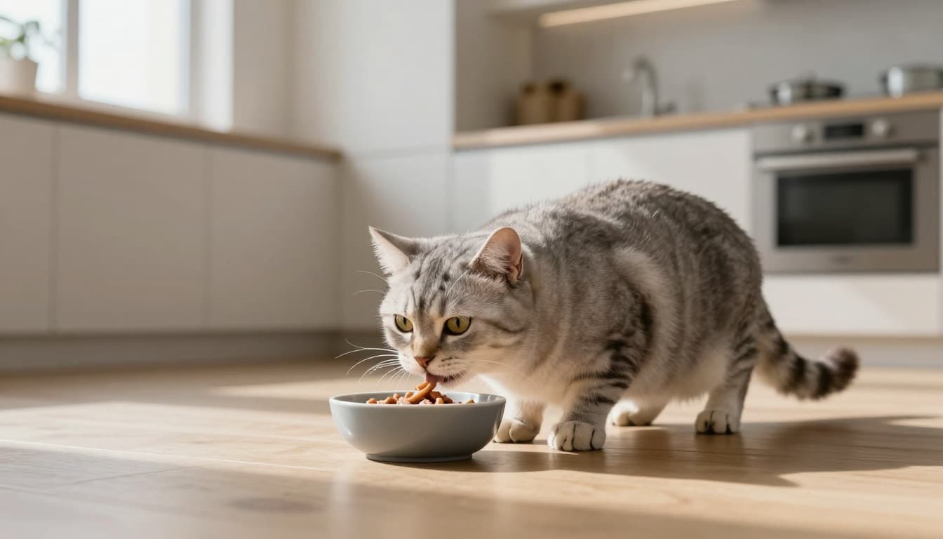 A healthy fluffy cat with shiny fur and bright eyes eats eagerly from a bowl on a wooden floor in a modern minimalist kitchen with Scandinavian design, warm natural light, and neutral colors.