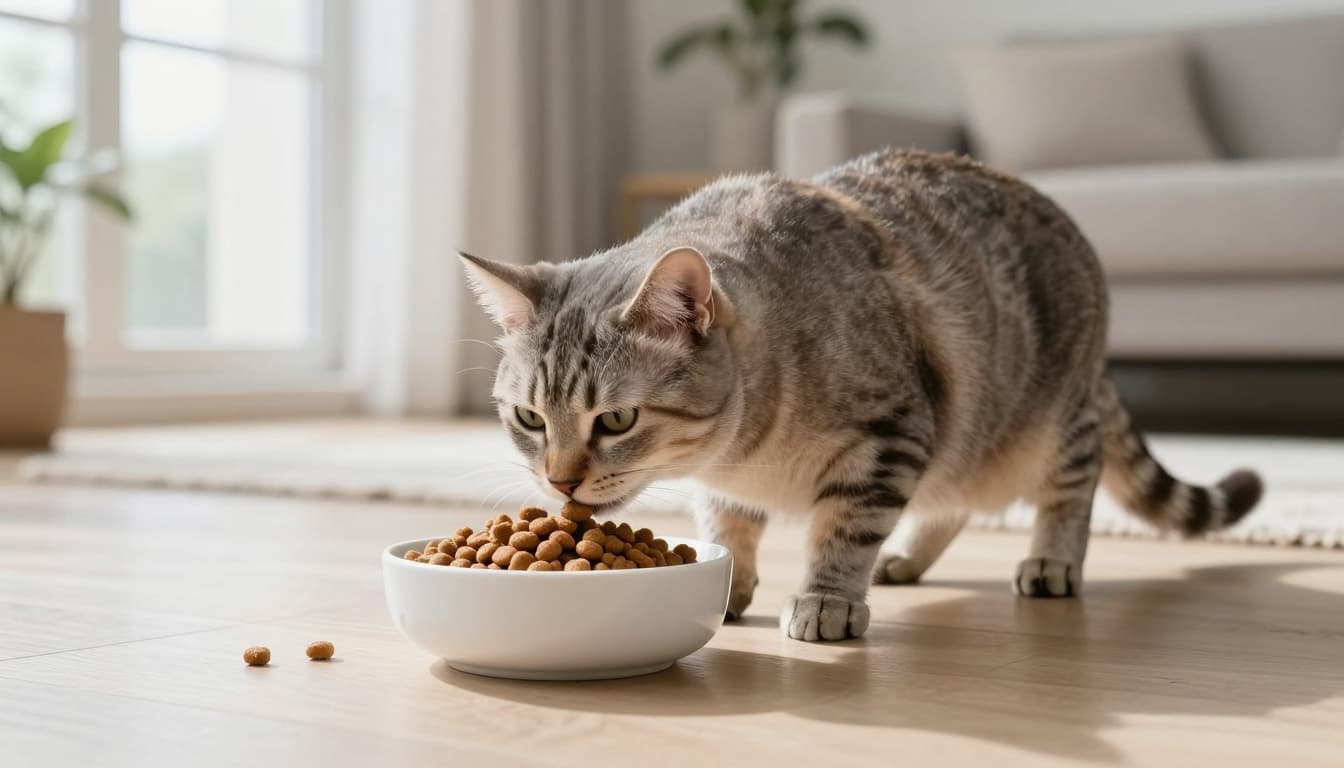 A sleek adult domestic cat with a shiny coat carefully eats a small portion of dry kibble from a modern white ceramic bowl in a bright Scandinavian living room, highlighting portion control for weight management.