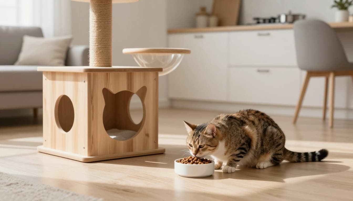 A healthy mother cat eats from a bowl of high-quality kitten food on a light wood floor next to a premium wooden cat tree in a cozy Scandinavian kitchen-living area with bright natural light.