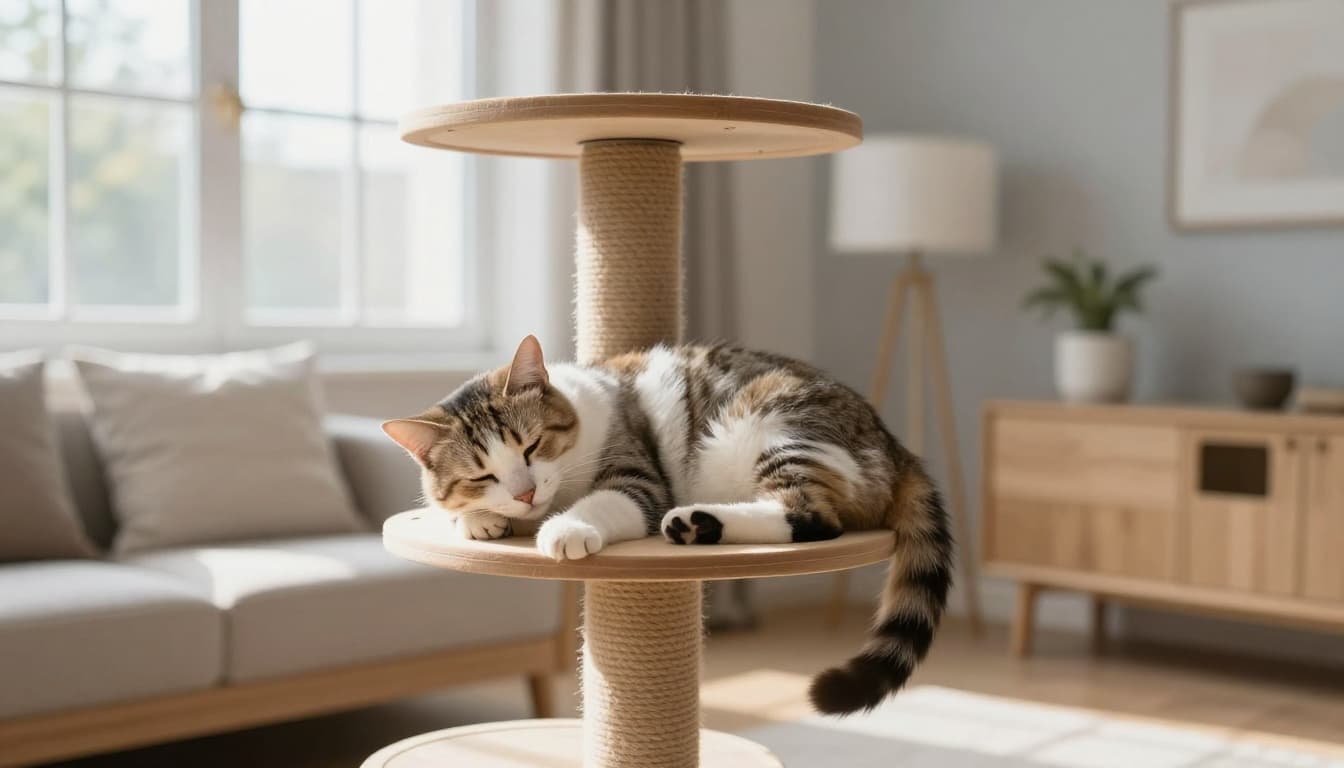 A healthy mother cat rests peacefully on a stylish wooden cat tree in a bright Scandinavian living room, grooming calmly after litter recovery. Natural light highlights her content posture amid minimalist neutral decor.