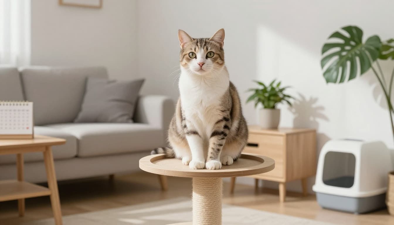 A healthy and relaxed domestic cat sits comfortably on a premium solid wooden cat tree in a bright Scandinavian living room with minimalist beige tones, light wood furniture, soft grays, green plants, and abundant natural light, evoking preventive health and a clean cozy environment.