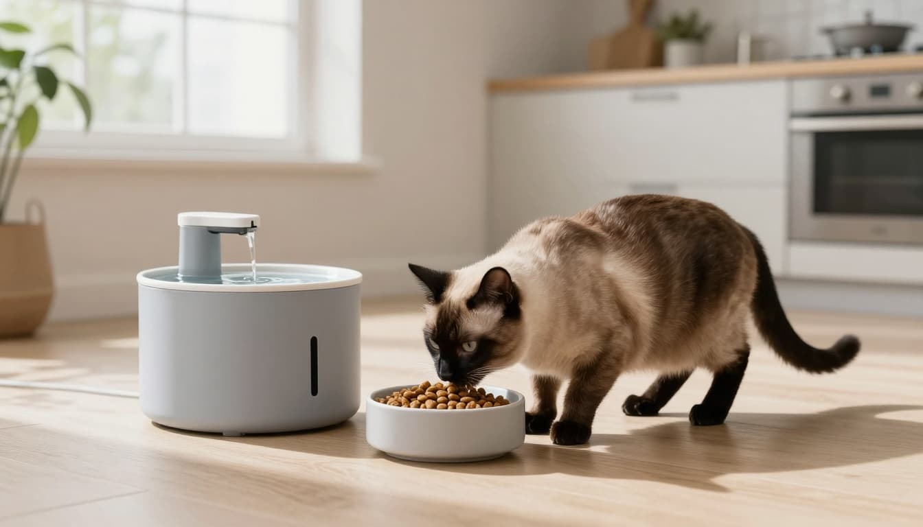 A sleek, healthy-weight Siamese cat eats premium kibble from a shallow bowl next to a fresh water fountain in a cozy Scandinavian kitchen with natural light and minimalist decor.