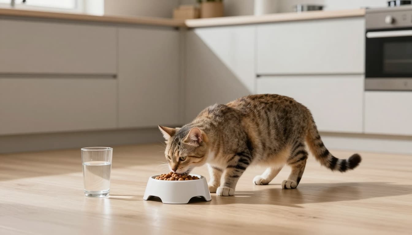 A sleek domestic cat with visible waistline eats from a modern food bowl on a light wood floor in a minimalist Scandinavian kitchen, illuminated by bright natural light emphasizing healthy body condition.