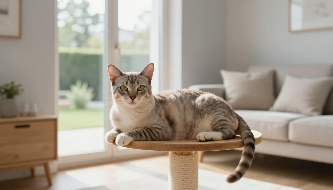 A healthy sterilized domestic cat relaxes calmly on a wooden cat perch in a bright Scandinavian living room with natural light and minimalist decor.