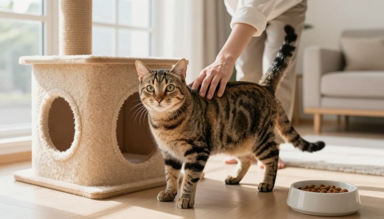 A healthy adult tabby cat with shiny fur stands playfully near a modern cat tree in a bright Scandinavian living room while the owner gently palpates its side to check body condition.