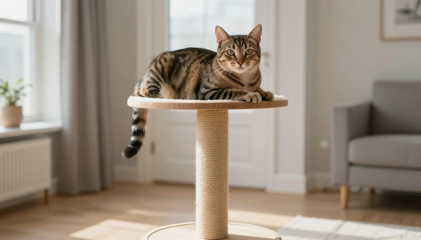 A vibrant healthy adult female tabby cat rests contentedly on a multi-level wooden cat tree in a cozy modern Scandinavian apartment, illuminated by bright morning natural light.