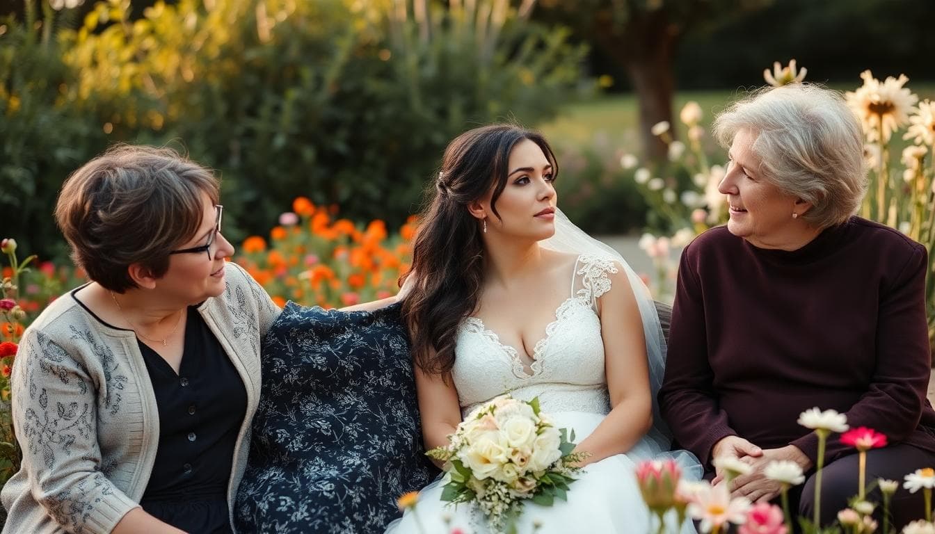 Mariée bohème hésitante discutant avec deux amis proches dans un jardin fleuri, ambiance douce et naturelle