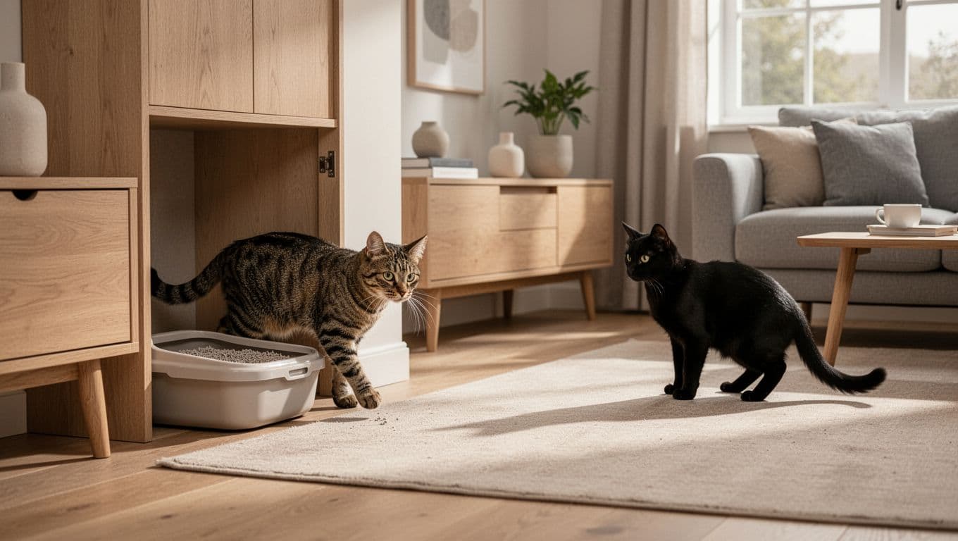 In a cozy Scandinavian modern living room with neutral tones and natural light, a tabby cat hesitates at the entrance of an open litter box while a black cat watches alertly from across the room, showing subtle tension.