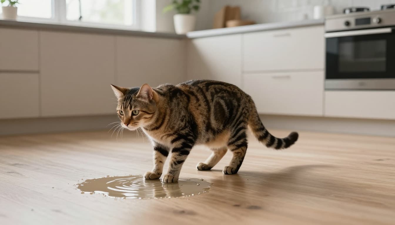 An elegant tabby cat hesitates cautiously near a small puddle on a light wood floor in a bright Scandinavian kitchen with minimalist decor and natural light.