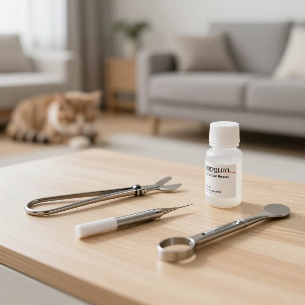 Close-up of veterinary tools and medication prepared on a light wood surface in a cozy home setting. Subtle background shows a peaceful cat sleeping nearby in a modern living room.