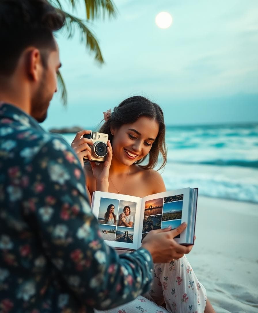 Couple en lune de miel utilisant un appareil instantané, tirages et album ouverts sur la plage