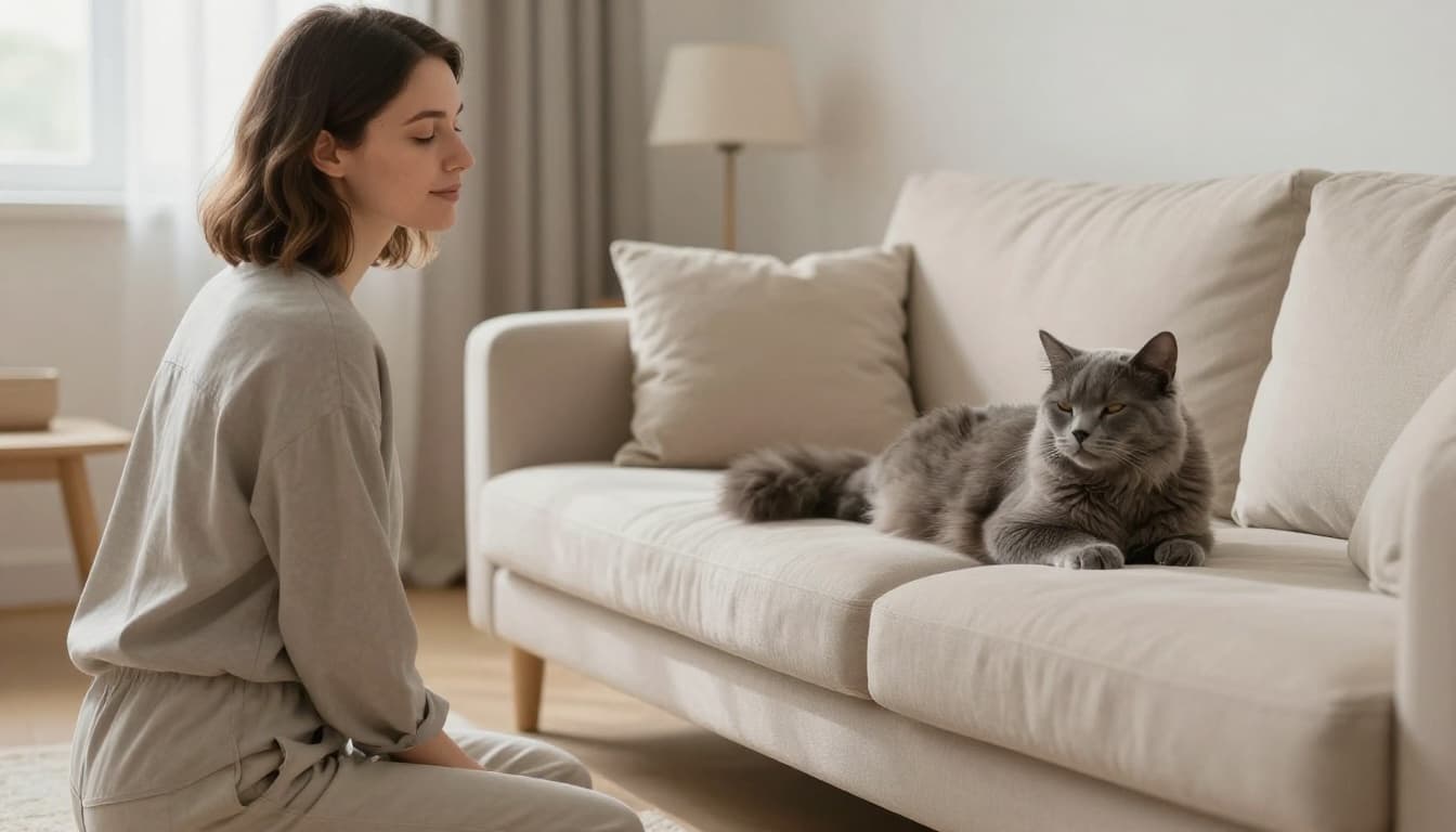 In a cozy modern Scandinavian living room with soft natural light and minimalist decor, a person kneels gently at a distance, turning their head sideways with a slow blink towards a fluffy grey cat lounging relaxed on a beige sofa. The cat mirrors the slow blink with relaxed forward ears, creating a calm and elegant mood.