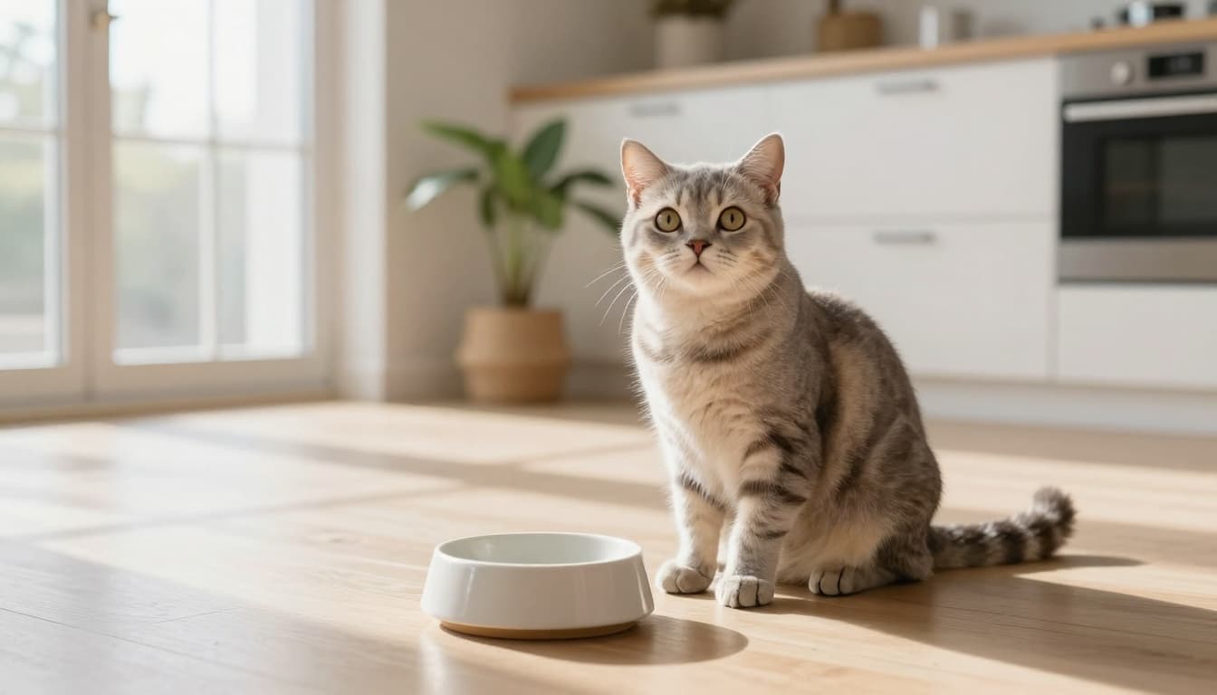 A cute adult cat sits patiently near an empty ceramic food bowl on a light wooden floor in a bright Scandinavian kitchen, looking up with curious, hungry eyes. Natural morning light creates a cozy, serene atmosphere with minimalist decor.