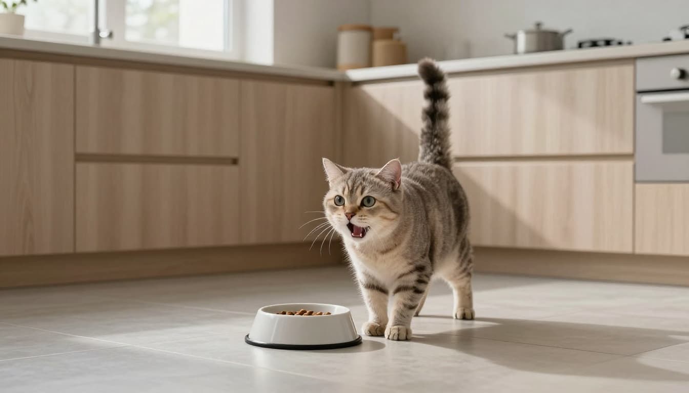 A domestic cat with wide eyes and open mouth meows insistently near an empty food bowl on the floor of a modern Scandinavian kitchen featuring light wood cabinets, beige countertops, and soft natural light. The scene captures a premium lifestyle photography style with minimalist decor, neutral colors, and a warm, cozy atmosphere.