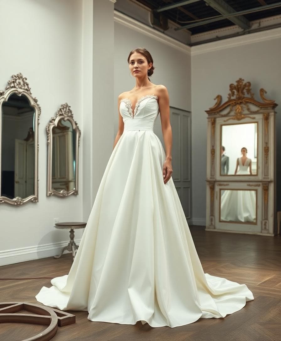 Robe de mariée iconique au volume sculpté dans un atelier lumineux, corsage brodé et traîne fluide, ambiance couture intemporelle. Image created with AI