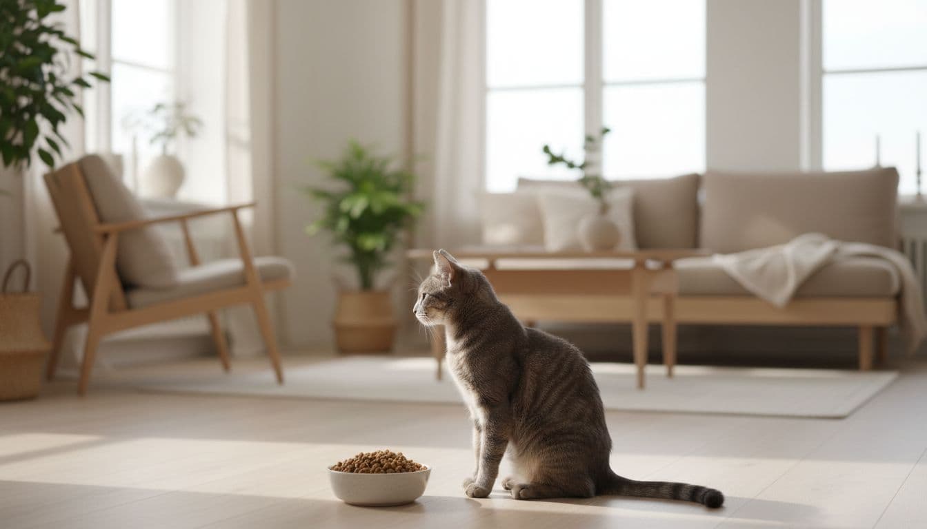A slender adult gray cat turns its head away indifferently from a full bowl of kibble on the floor of a bright minimalist Scandinavian living room with natural light and cozy beige wood decor.