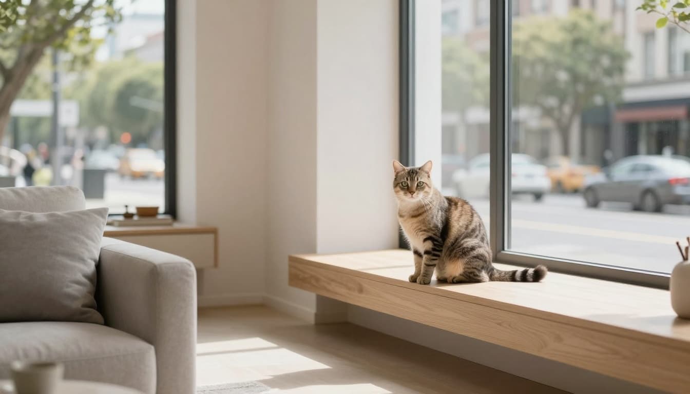 A curious indoor cat sits safely on a perch near a large window in a bright, minimalist Scandinavian living room, overlooking a busy urban street with cars and trees.